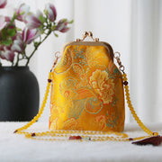 Buddha Stones Retro Chinese Embroidery Pearl Chain Crossbody Bag Shoudler Bag Crossbody Bag&Shoudler Bag BS Gold Flower 14*6*18cm