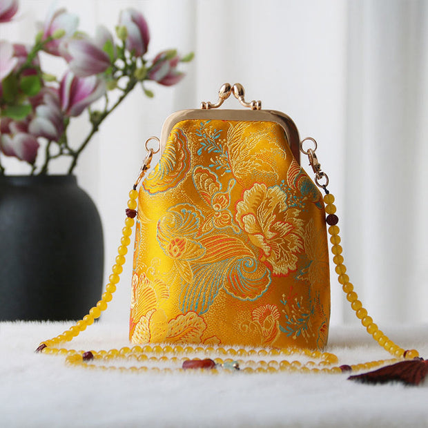 Buddha Stones Retro Chinese Embroidery Pearl Chain Crossbody Bag Shoudler Bag Crossbody Bag&Shoudler Bag BS Gold Flower 14*6*18cm