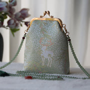 Buddha Stones Retro Chinese Embroidery Pearl Chain Crossbody Bag Shoudler Bag Crossbody Bag&Shoudler Bag BS DarkSeaGreen Deer 14*6*18cm