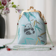 Buddha Stones Retro Chinese Embroidery Pearl Chain Crossbody Bag Shoudler Bag Crossbody Bag&Shoudler Bag BS Cyan Panda Bamboo 14*6*18cm