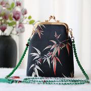 Buddha Stones Retro Chinese Embroidery Pearl Chain Crossbody Bag Shoudler Bag Crossbody Bag&Shoudler Bag BS Black Bamboo Leaves 14*6*18cm