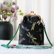 Buddha Stones Retro Chinese Embroidery Pearl Chain Crossbody Bag Shoudler Bag Crossbody Bag&Shoudler Bag BS Black Dragonfly 14*6*18cm