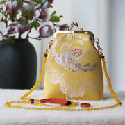 Buddha Stones Retro Chinese Embroidery Pearl Chain Crossbody Bag Shoudler Bag Crossbody Bag&Shoudler Bag BS Yellow Flower 14*6*18cm