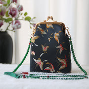 Buddha Stones Retro Chinese Embroidery Pearl Chain Crossbody Bag Shoudler Bag Crossbody Bag&Shoudler Bag BS Black Butterfly 14*6*18cm