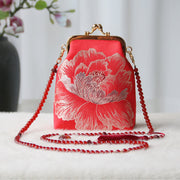 Buddha Stones Retro Chinese Embroidery Pearl Chain Crossbody Bag Shoudler Bag Crossbody Bag&Shoudler Bag BS Red Big Flower 14*6*18cm