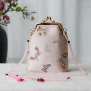 Buddha Stones Retro Chinese Embroidery Pearl Chain Crossbody Bag Shoudler Bag