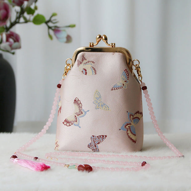 Buddha Stones Retro Chinese Embroidery Pearl Chain Crossbody Bag Shoudler Bag Crossbody Bag&Shoudler Bag BS Pink Butterfly 14*6*18cm