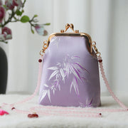 Buddha Stones Retro Chinese Embroidery Pearl Chain Crossbody Bag Shoudler Bag Crossbody Bag&Shoudler Bag BS Violet Bamboo Leaves 14*6*18cm