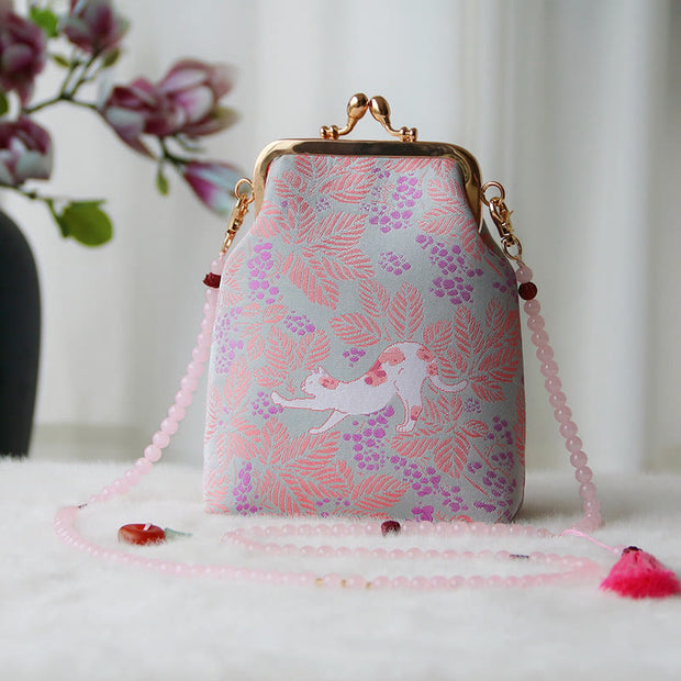 Buddha Stones Retro Chinese Embroidery Pearl Chain Crossbody Bag Shoudler Bag Crossbody Bag&Shoudler Bag BS Thistle Cat 14*6*18cm