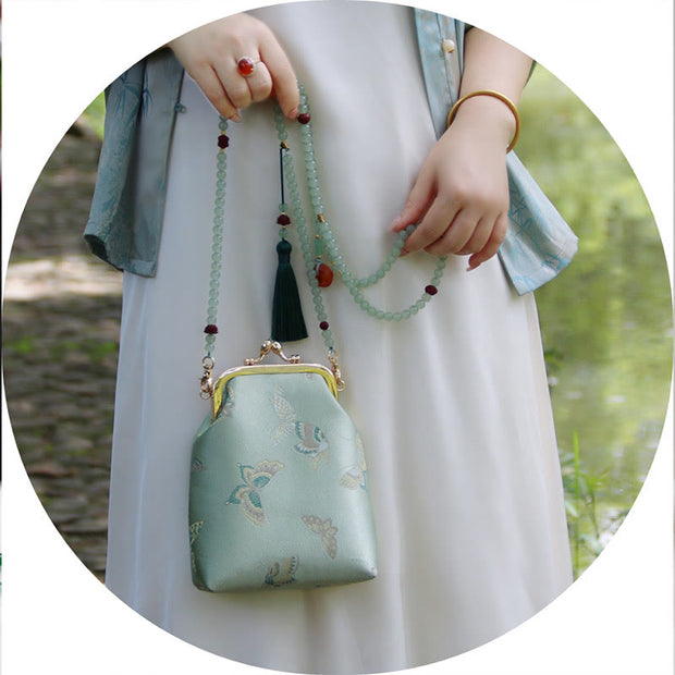 Buddha Stones Retro Chinese Embroidery Pearl Chain Crossbody Bag Shoudler Bag Crossbody Bag&Shoudler Bag BS 5