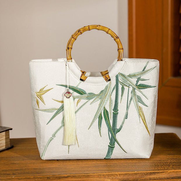 Buddha Stones Embroidery Bamboo Handle Tassel Handbags Handbags BS White Bamboo Embroidery 26*22*8.5cm