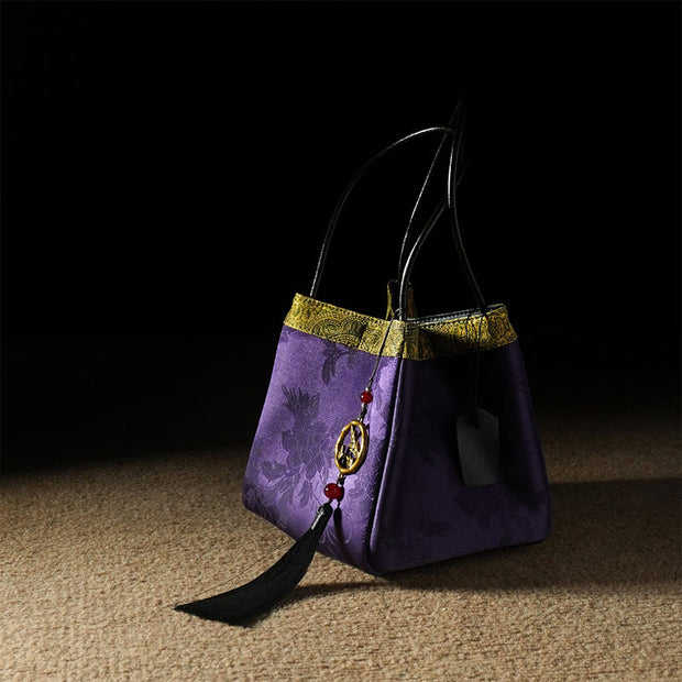 Buddha Stones Plum Flower Bamboo Branches Embroidery Tassel Xiangyunsha Silk Shoulder Bag Hangbags Shoudler Bag&Handbags BS DarkViolet Flowers Leaves 16*16*16cm