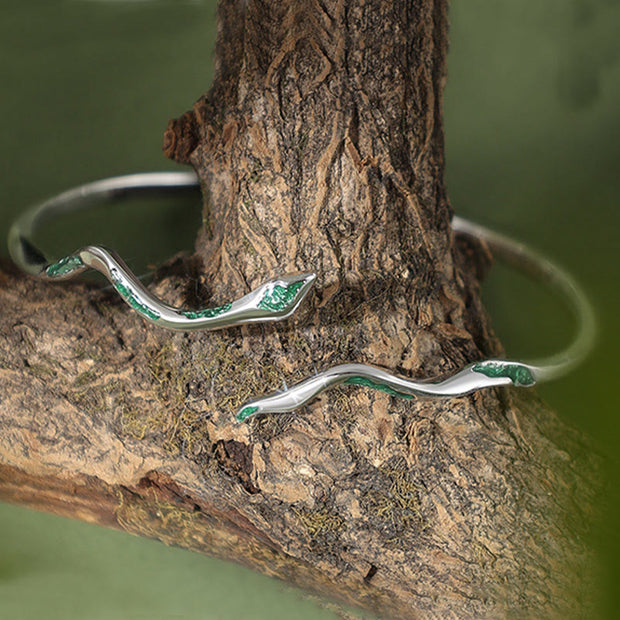 Buddha Stones 925 Sterling Silver Green Snake Enamel Craft Year Of The Snake Calm Cuff Bracelet Bangle Bracelet Bangle BS 1