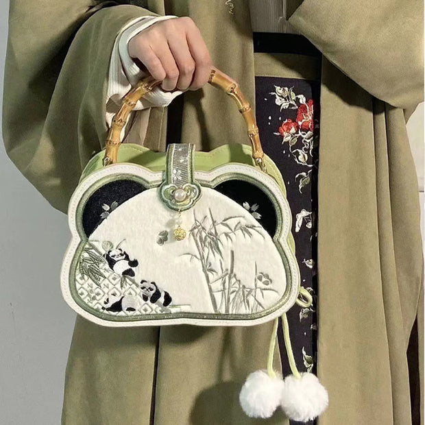 Buddha Stones Panda Bamboo Embroidery Pearl Chain Chinese Knot Tassel Crossbody Bag Handbags Crossbody Bag&Handbags BS 6