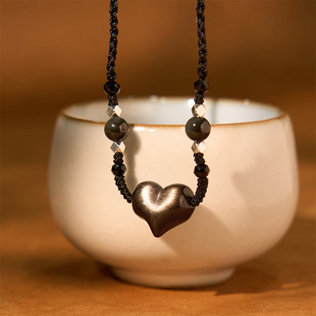 FREE Today: Communication and Protection Natural Silver Sheen Obsidian Heart Necklace Pendant