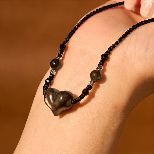 FREE Today: Communication and Protection Natural Silver Sheen Obsidian Heart Necklace Pendant