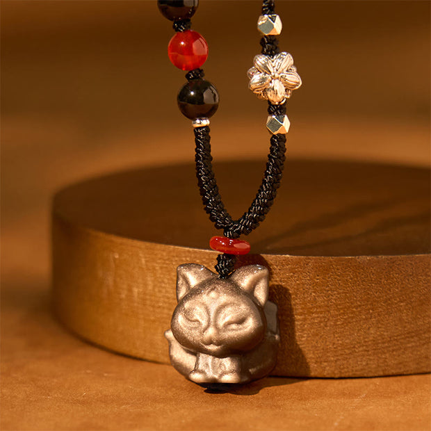 FREE Today: Soothing Protection Natural Silver Sheen Obsidian Nine Tailed Fox Necklace Pendant