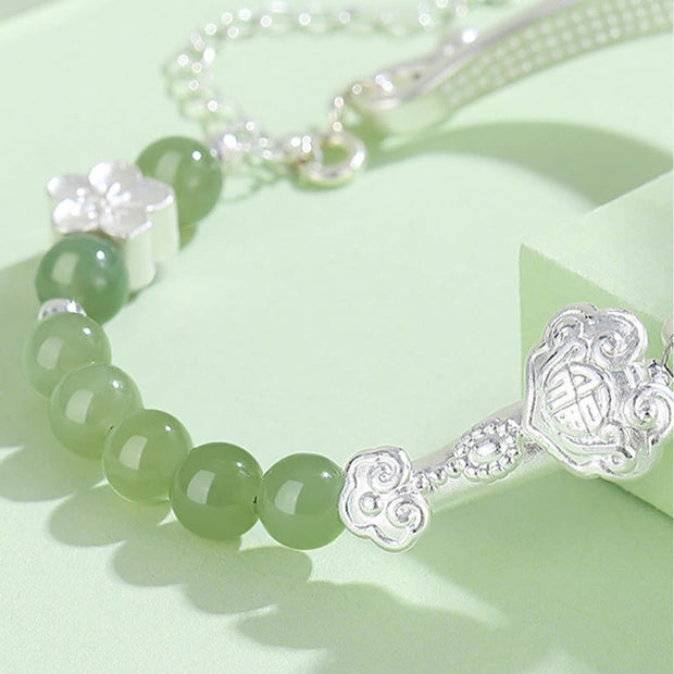 Buddha Stones Hetian Jade 925 Sterling Silver Abundance Cuff Half Bracelet Bangle Bracelet BS 2