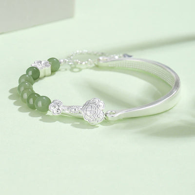 Buddha Stones Hetian Jade 925 Sterling Silver Abundance Cuff Half Bracelet Bangle Bracelet BS Hetian Jade 925 Sterling Silver(Wrist Circumference: 14-18cm)