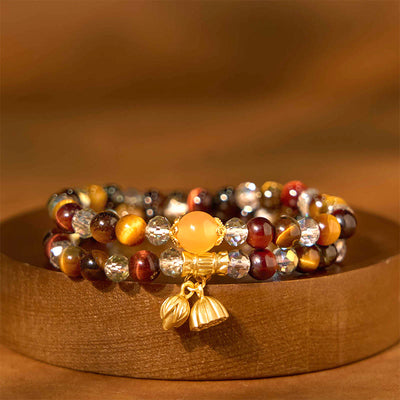 Buddha Stones Colorful Tiger Eye Lotus Multi-circle Elastic Rope Protection Bracelet