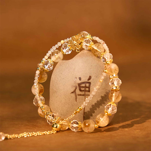 Buddha Stones Natural Citrine Glass Beads Flower Multiple Layers Prosperity Bracelet