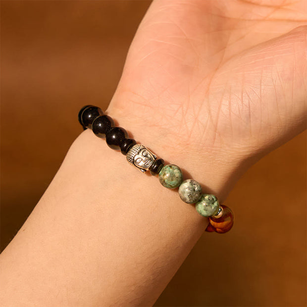 FREE Today: Fortune Protection Natural Black Onyx White Stone Green Aventurine Tiger Eye Agate Mixed Color Buddha Head Bracelet