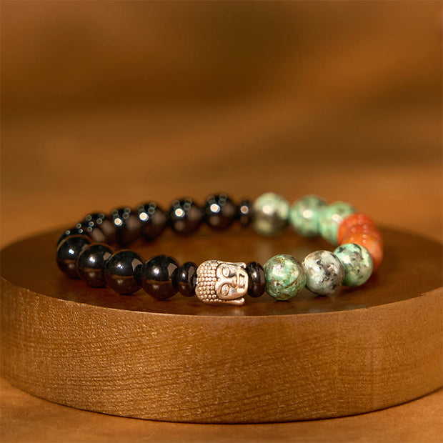 FREE Today: Fortune Protection Natural Black Onyx White Stone Green Aventurine Tiger Eye Agate Mixed Color Buddha Head Bracelet