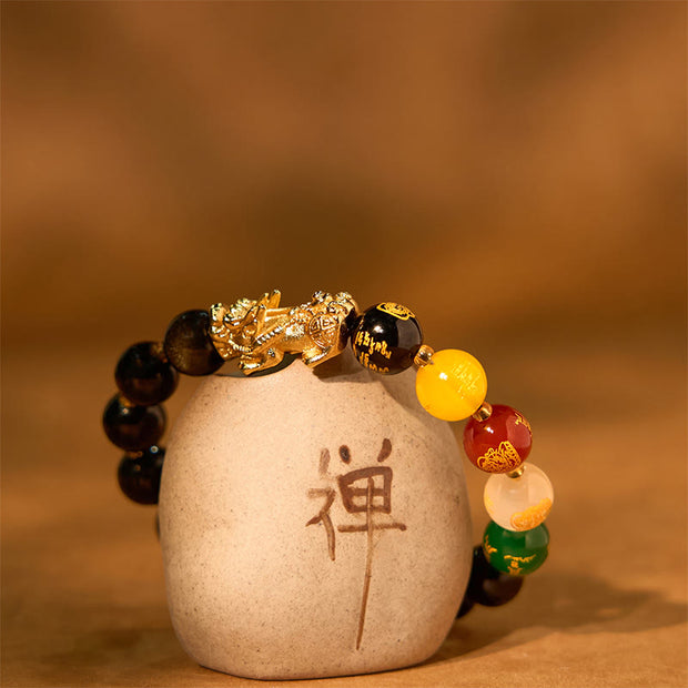 Buddha Stones Natural Gold Sheen Obsidian PiXiu Five Directions Gods of Wealth Protection Bracelet