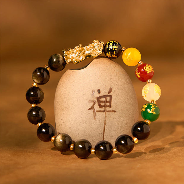 Buddha Stones Natural Gold Sheen Obsidian PiXiu Five Directions Gods of Wealth Protection Bracelet