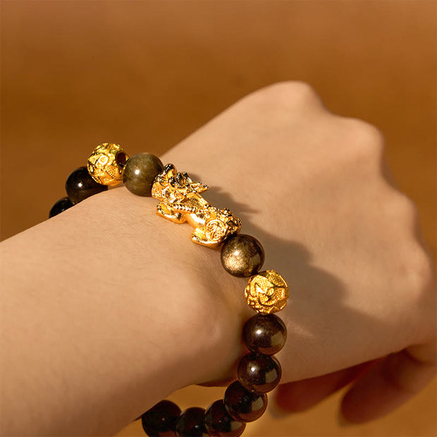 Buddha Stones Natural Gold Sheen Obsidian PiXiu Om Mani Padme Hum Wealth Bracelet