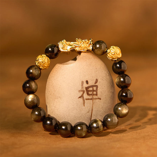 Buddha Stones Natural Gold Sheen Obsidian PiXiu Om Mani Padme Hum Wealth Bracelet