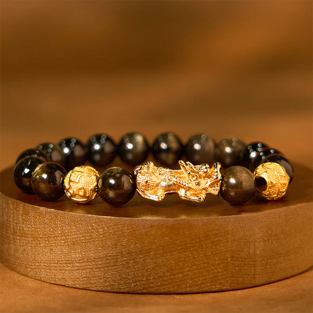 Buddha Stones Natural Gold Sheen Obsidian PiXiu Om Mani Padme Hum Wealth Bracelet