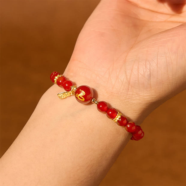 Buddha Stones Red Agate Gold Plated Copper Year Of The Snake Happiness Bracelet Bracelet BS 3