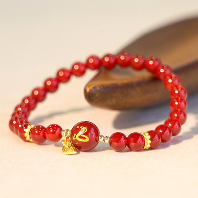 Buddha Stones Red Agate Gold Plated Copper Year Of The Snake Happiness Bracelet Bracelet BS 6mm Red Agate Bead(Wrist Circumference: 14-16cm)