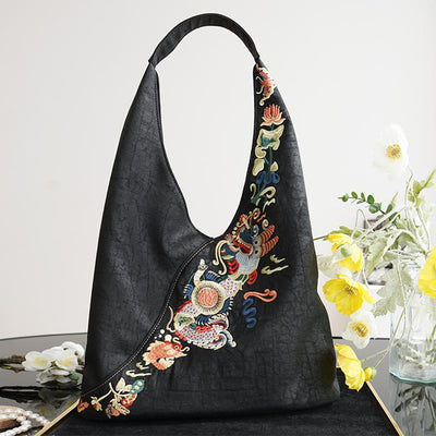 Buddha Stones  Fish Flower Phoenix Embroidery Xiangyunsha Silk Shoulder Bag Shoulder Bag BS Black Fish Flower Embroidery 53*14*36cm