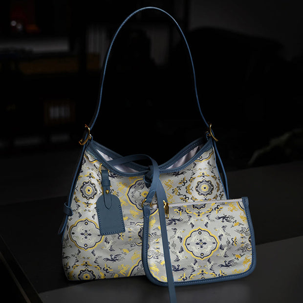 Buddha Stones Handmade Flower Crane Deer Butterfly Song Brocade Crossbody Bag Hangbags Crossbody Bag&Handbags BS SteelBlue Crane Deer 29*23*12cm