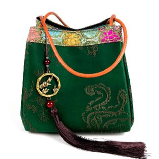 Buddha Stones Bamboo Branches Bead Pendant Tassel Xiangyunsha Silk Shoulder Bag Hangbags Shoudler Bag&Handbags BS Green Bamboo 16*16*16cm