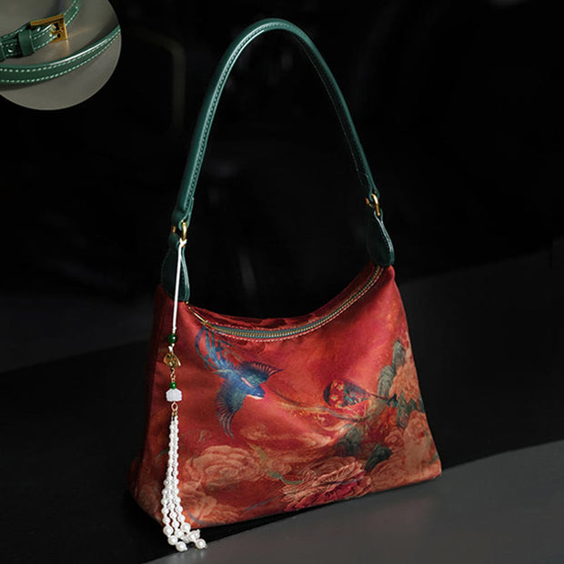 Buddha Stones Lotus Bamboo Crane Deer Butterfly Mountain Xiangyunsha Silk Song Brocade Crossbody Bag Shoulder Bag Crossbody Bag&Shoudler Bag BS Red Magpie 26*19*10cm