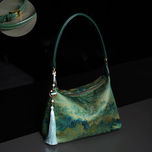 Buddha Stones Lotus Bamboo Crane Deer Butterfly Mountain Xiangyunsha Silk Song Brocade Crossbody Bag Shoulder Bag