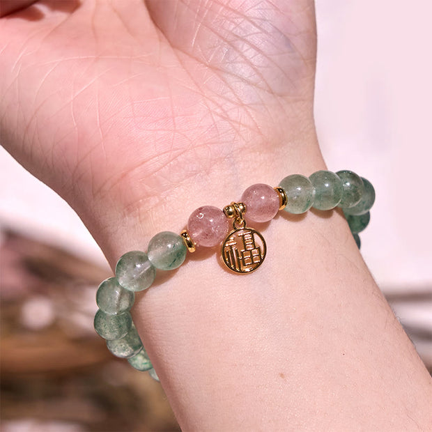 Buddha Stones Natural Green Strawberry Quartz Soothing Fu Character Bracelet