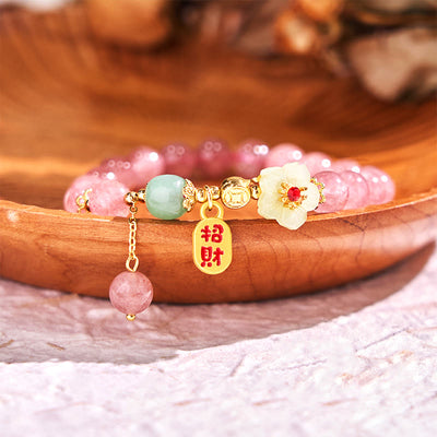 Buddha Stones Natural Strawberry Quartz Blossom Fu Character Positivity Healing Bracelet