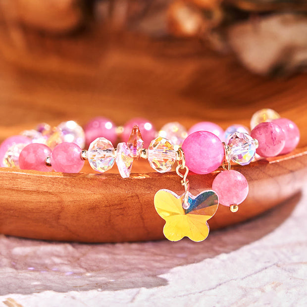 Buddha Stones Strawberry Quartz White Crystal Pink Crystal Butterfly Love Bracelet