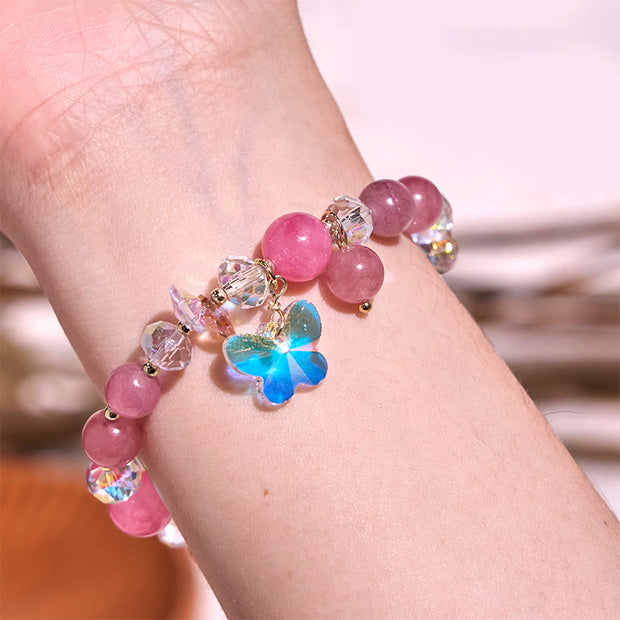 Buddha Stones Strawberry Quartz White Crystal Pink Crystal Butterfly Love Bracelet