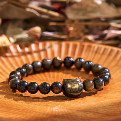 Buddha Stones Gold Sheen Obsidian Silver Sheen Obsidian Lovely Paw Lucky Cat Protection Bracelet