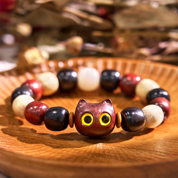 Buddha Stones Small Leaf Red Sandalwood Ebony Wood Cute Cat Engraved Protection Bracelet