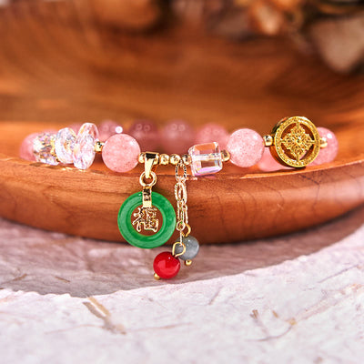 Buddha Stones Strawberry Quartz Jade Fu Character Charm Healing Bracelet