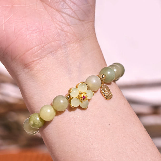 Buddha Stones Green Jade Flower Fu Character Charm Luck Bracelet