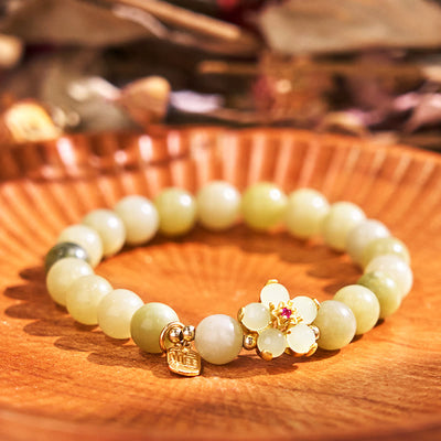 Buddha Stones Green Jade Flower Fu Character Charm Luck Bracelet