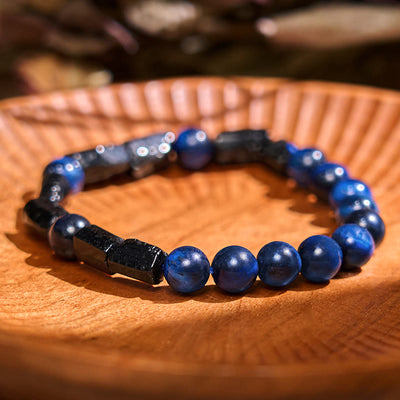 Buddha Stones Blue Tiger Eye Black Tourmaline Strength Bracelet