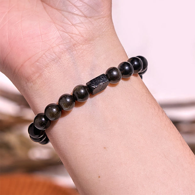 Buddha Stones Gold Sheen Obsidian Black Tourmaline Wealth Bracelet